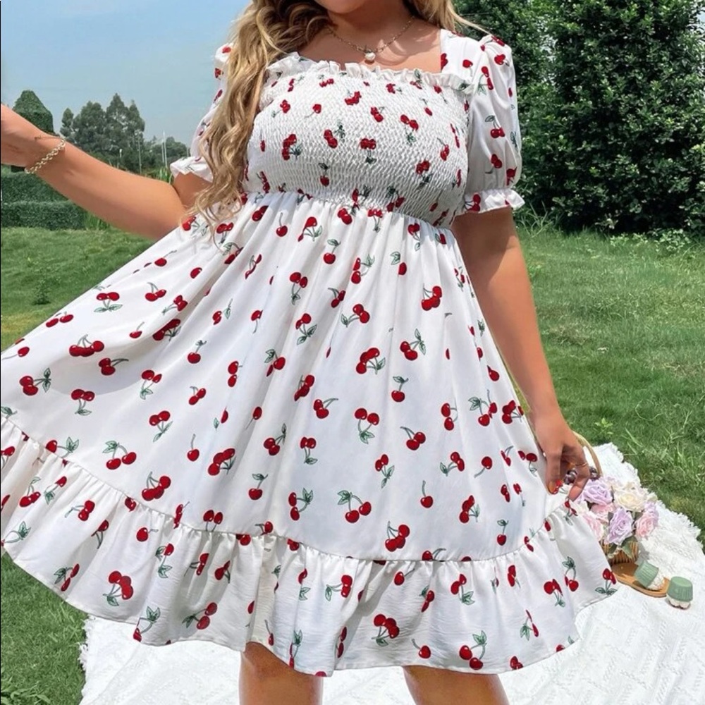 Boho Plus Size Off White Red Cherry Print Rockabilly Shirred Smocked Dress - Picture 1 of 6